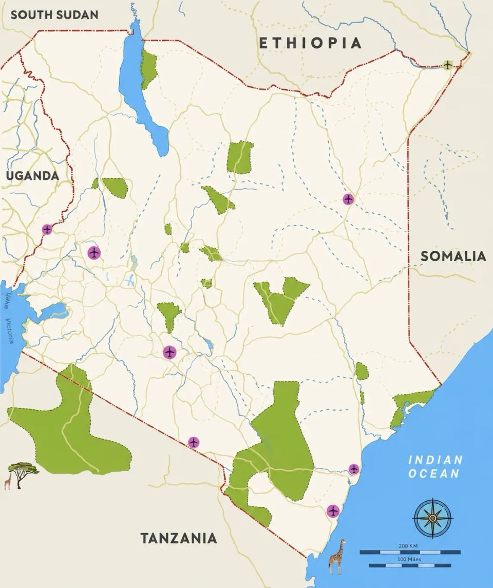 Map of Kenya showing major destinations and geographic regions