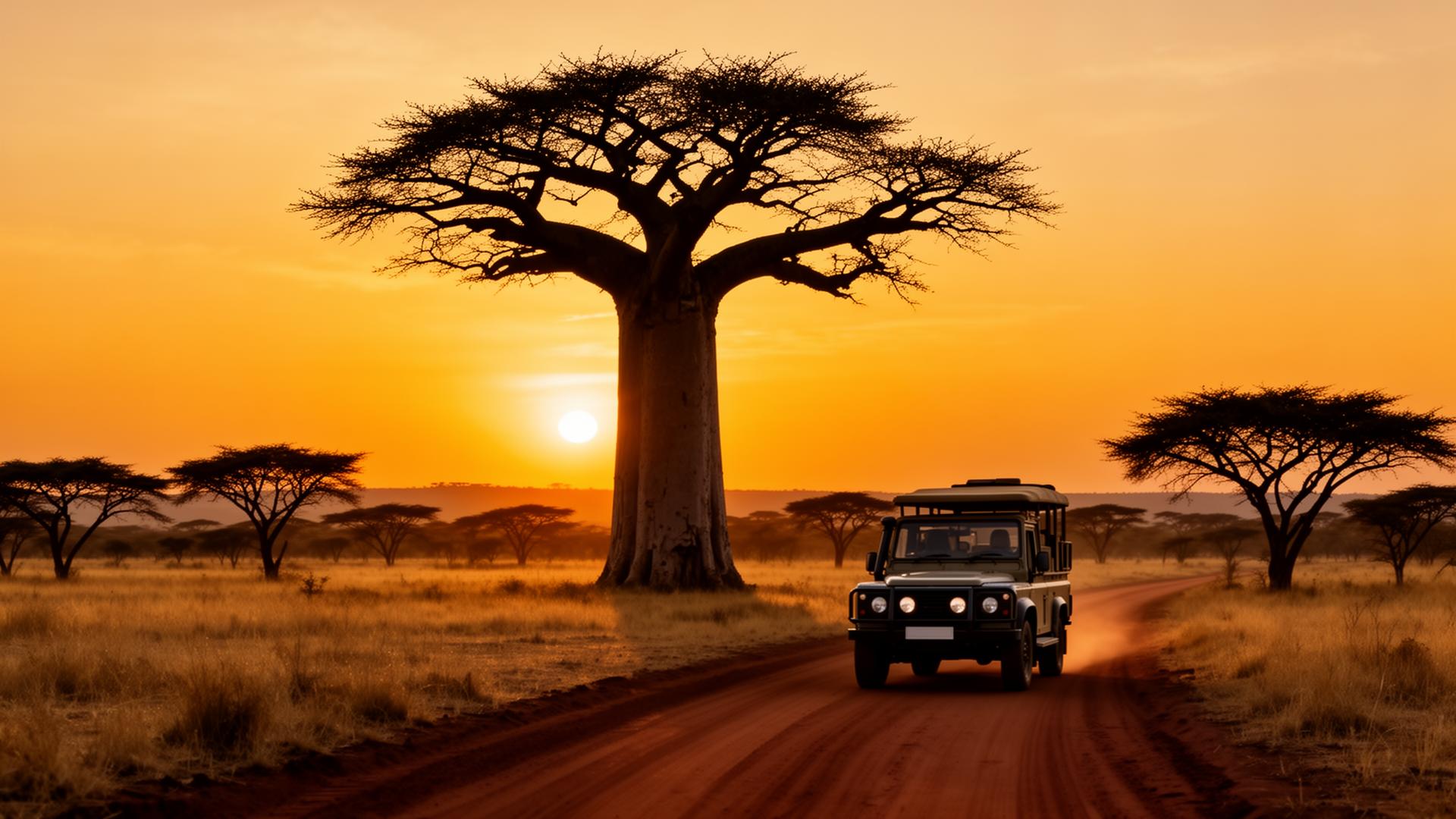 Golden sunrise across Kenya's wild savannah and acacia trees
