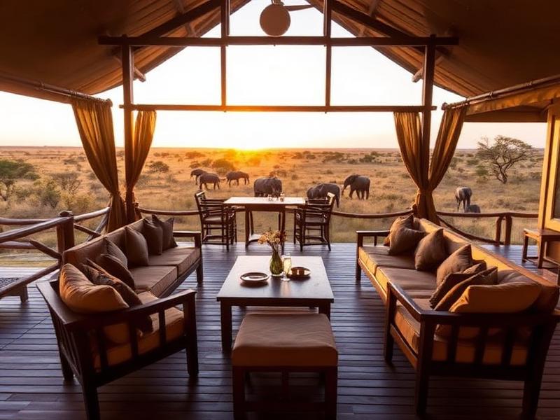Bespoke luxury safari camp verandah at dawn in Kenya
